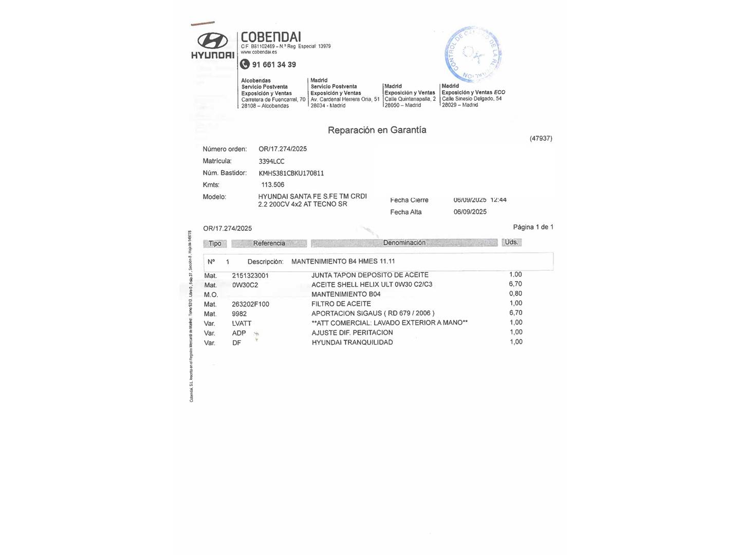 Foto del certificado del Hyundai Santa Fe Hyundai Santa Fe 2.2 CRDI Tecno SR 4x2 Auto (200 CV) 7 Plazas
