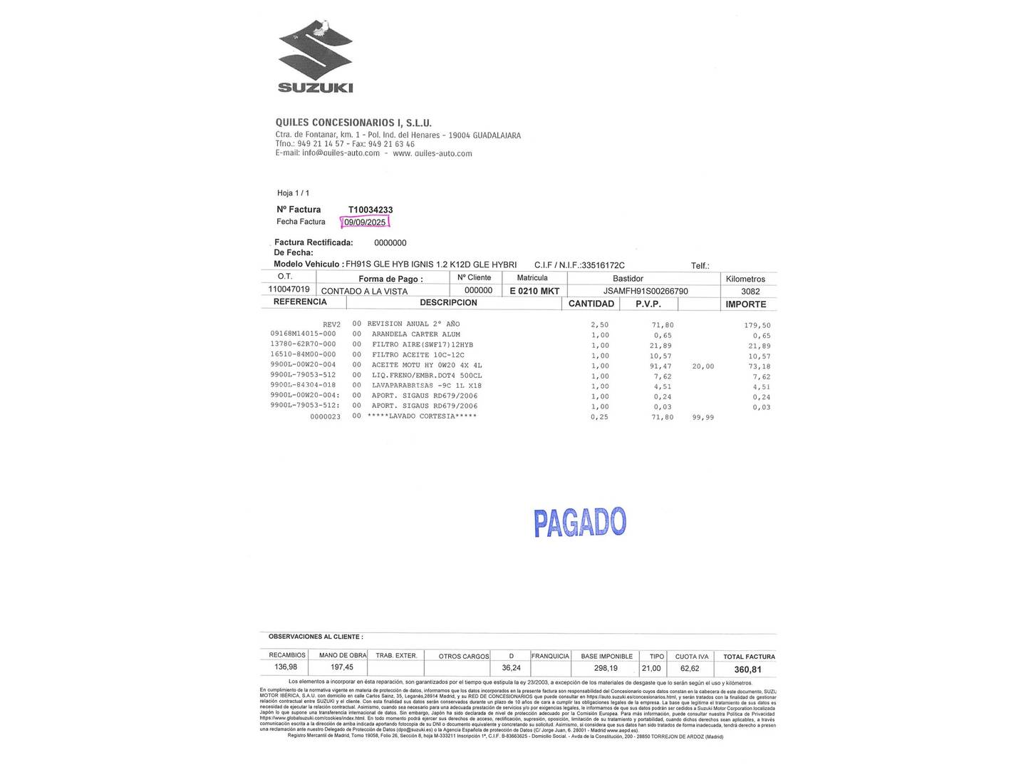 Foto del mantenimiento del Suzuki Ignis Suzuki Ignis 1.2 Mild Hybrid GLE (83 CV)