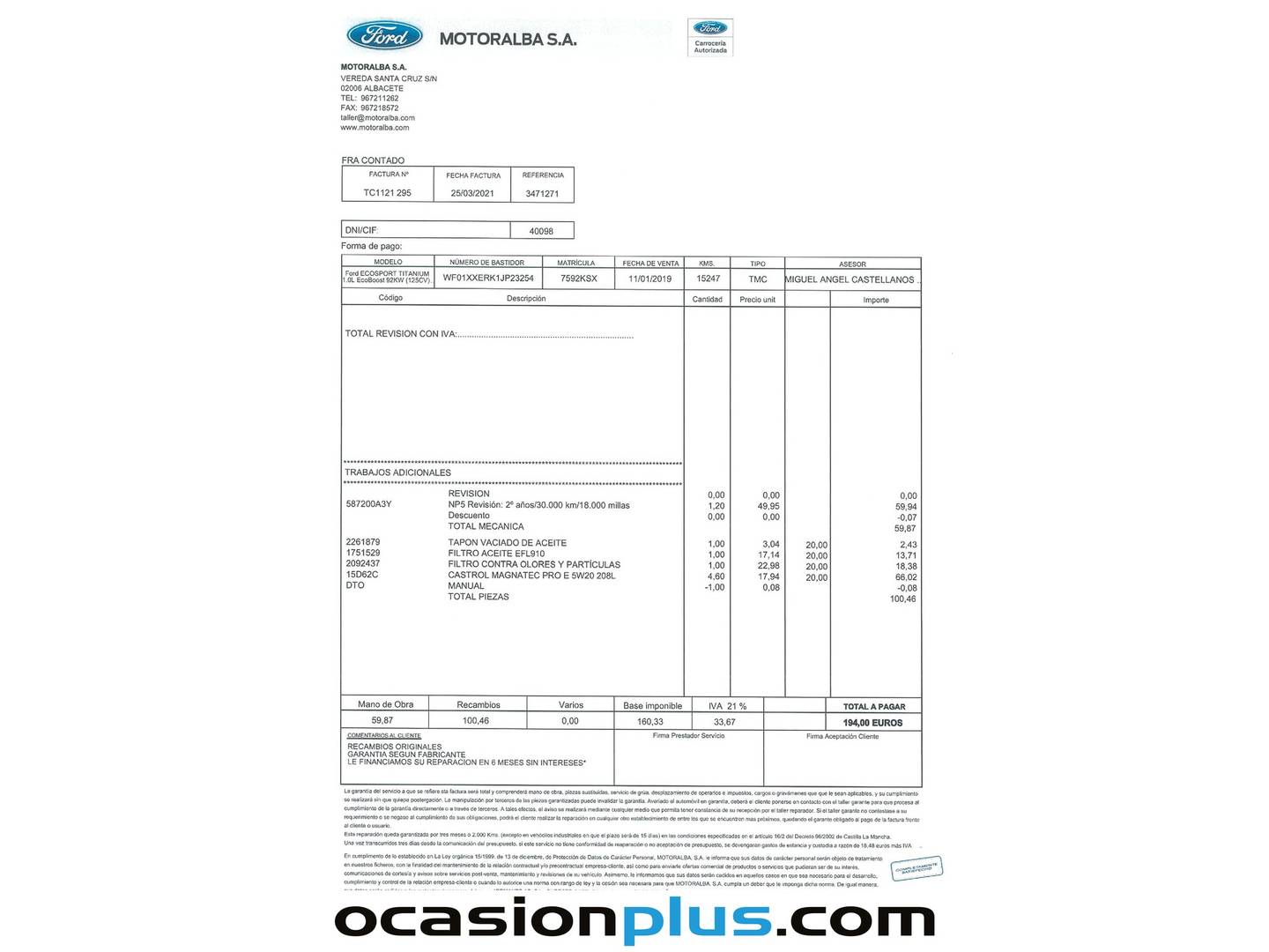 Foto del mantenimiento del Ford EcoSport Ford EcoSport 1.0 EcoBoost S&S Titanium Auto (125 CV)