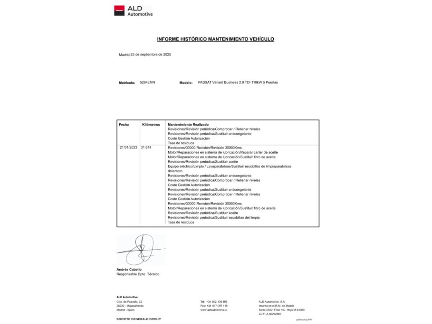 Foto del mantenimiento del Volkswagen Passat Volkswagen Passat Variant Business 2.0 TDI  (150 CV)