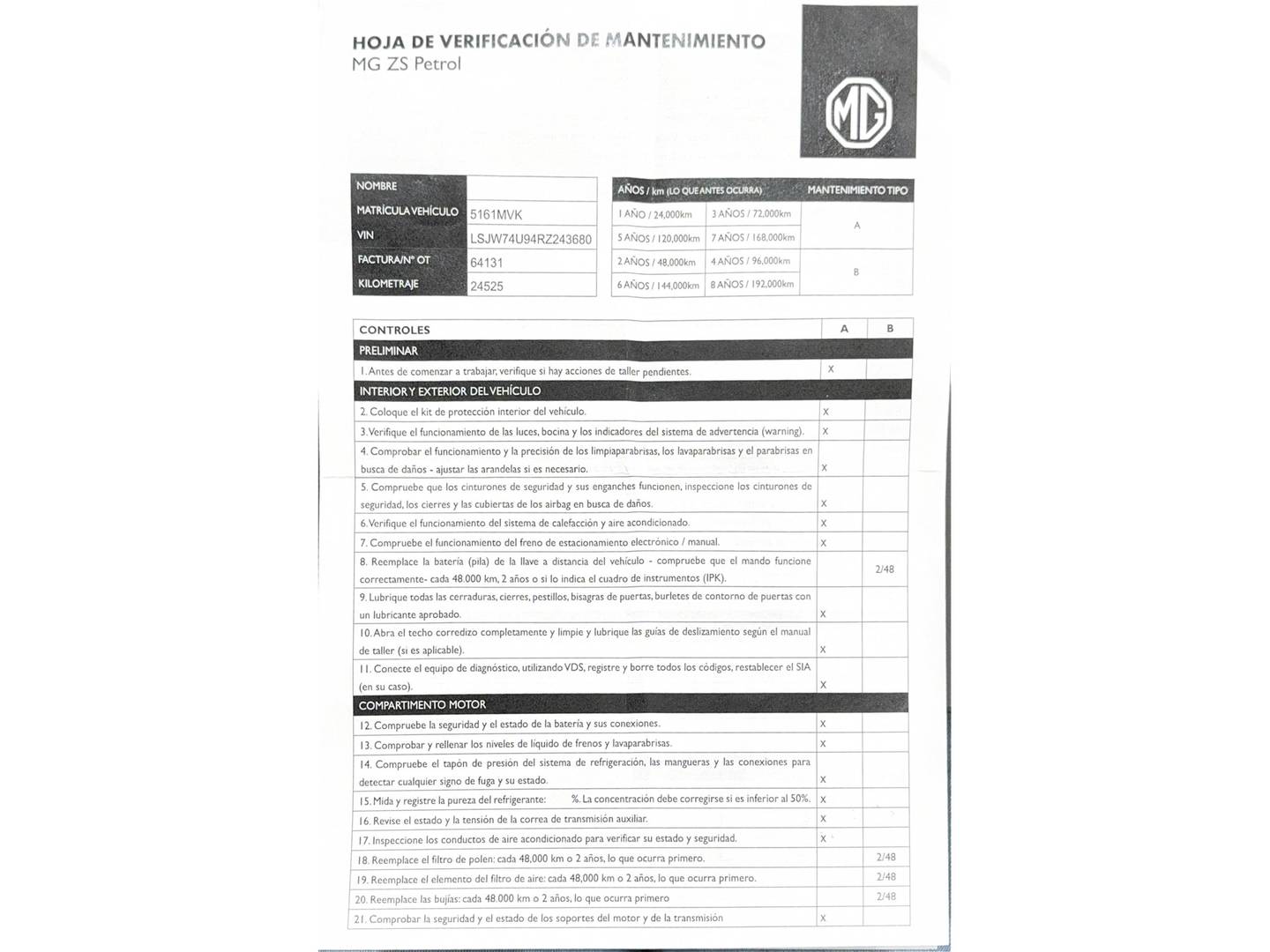 Foto del mantenimiento del MG ZS MG ZS 1.5 Luxury (106 CV)