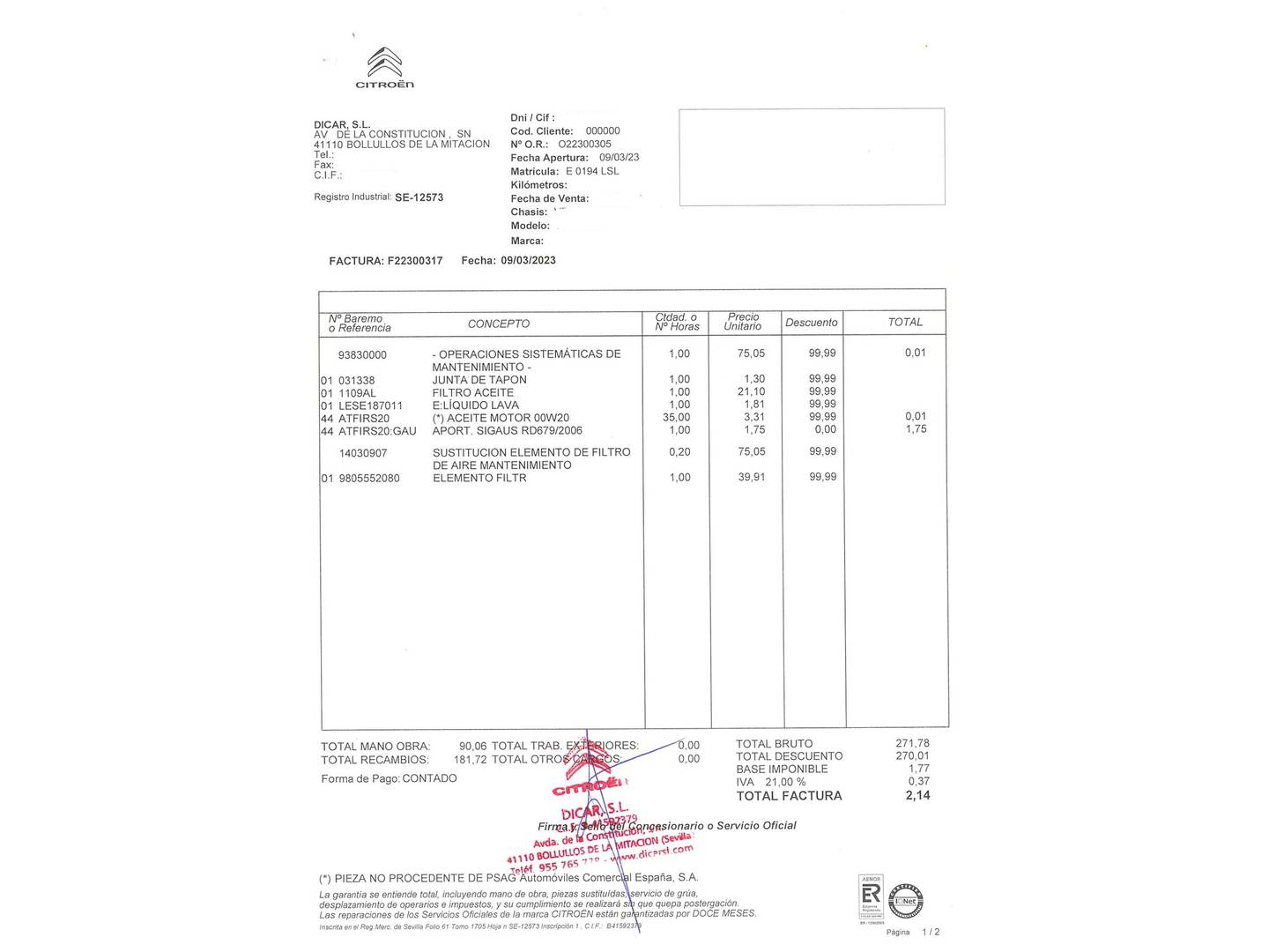Foto del mantenimiento del Citroën C5 Aircross Citroën C5 Aircross PureTech 130 S&S Live Pack (131 CV)