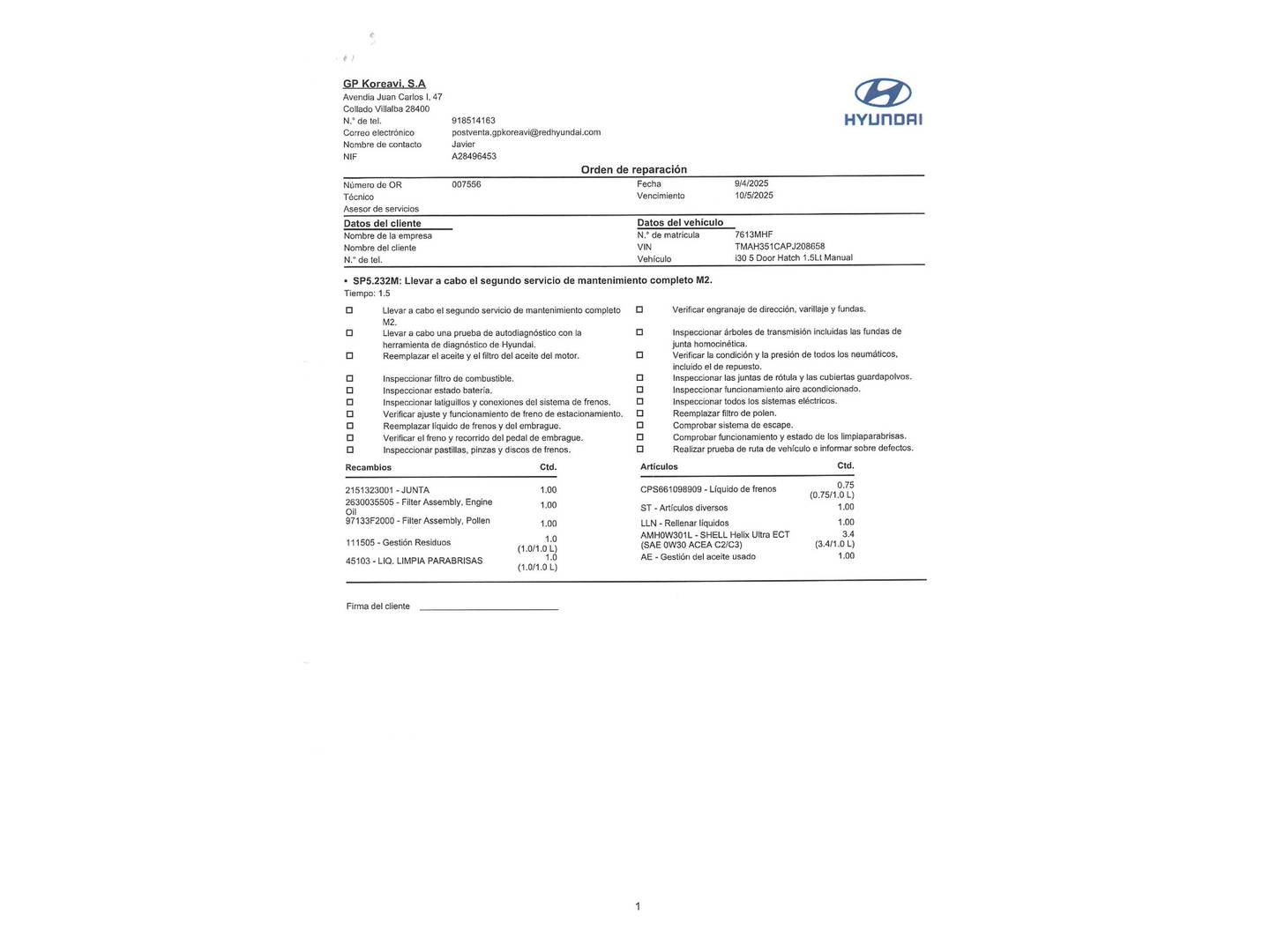 Foto del mantenimiento del Hyundai i30 Hyundai i30 1.5 DPI Klass SLX (110 CV)