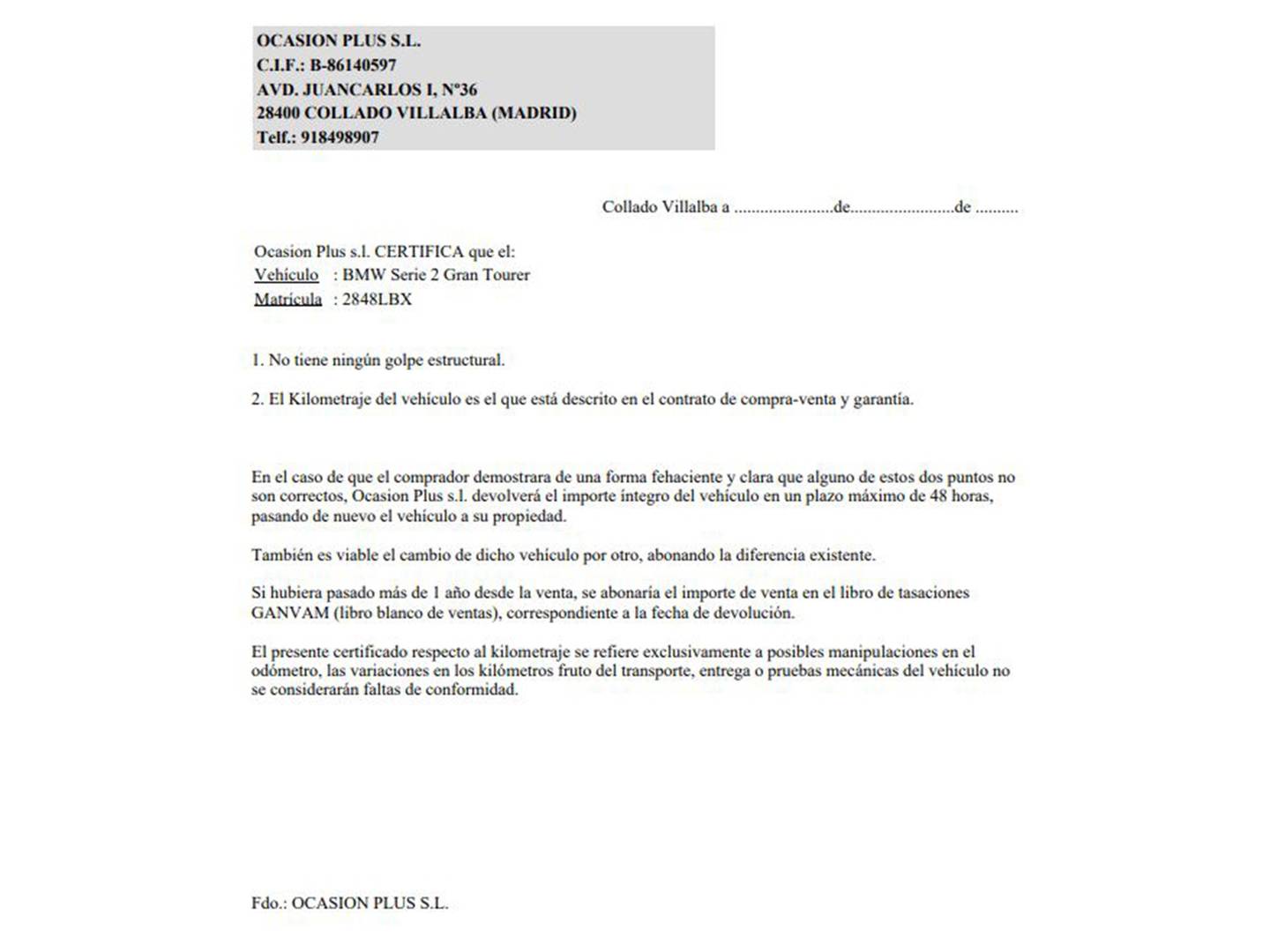 Foto del certificado del BMW Serie 2 Gran Tourer BMW Serie 2 2 216d Gran Tourer (116 CV)