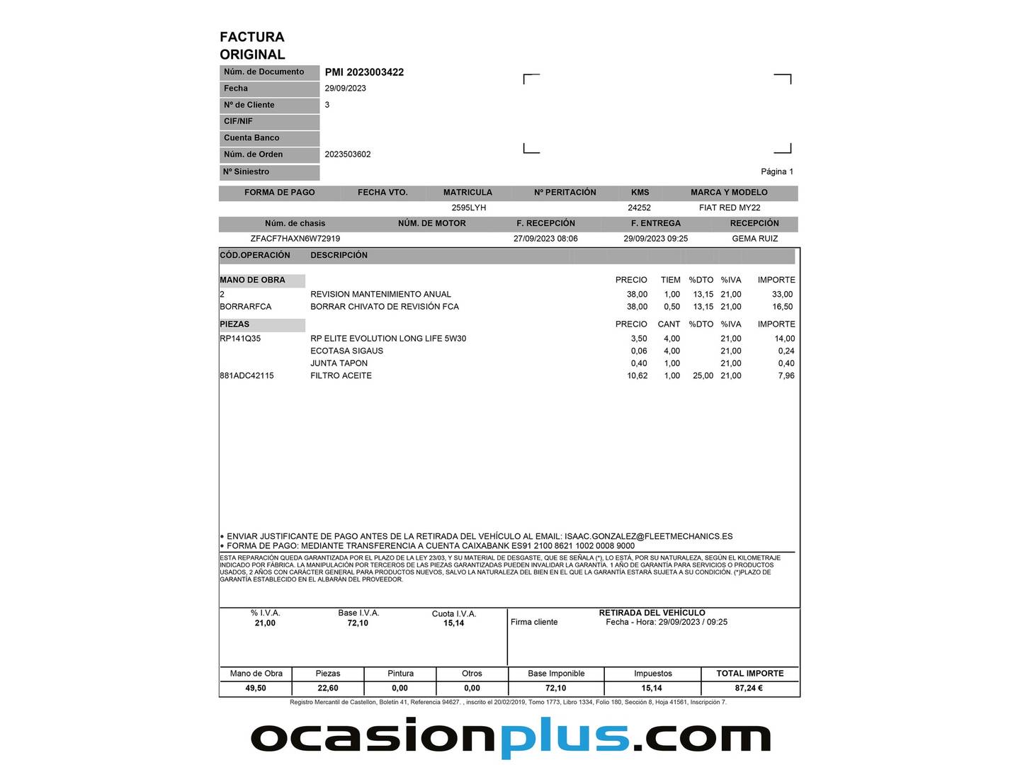 Foto del mantenimiento del Fiat Tipo Fiat Tipo 1.5 Hybrid Red DCT (130 CV)