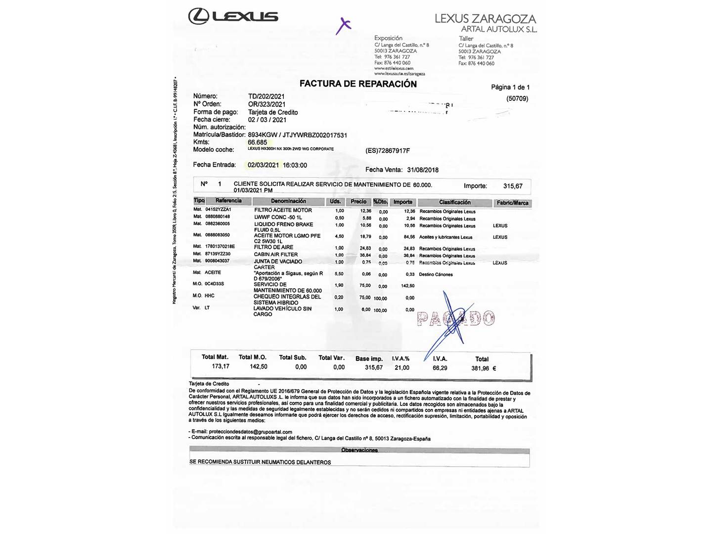 Foto del mantenimiento del Lexus NX Lexus NX 300h Business 2WD (197 CV)