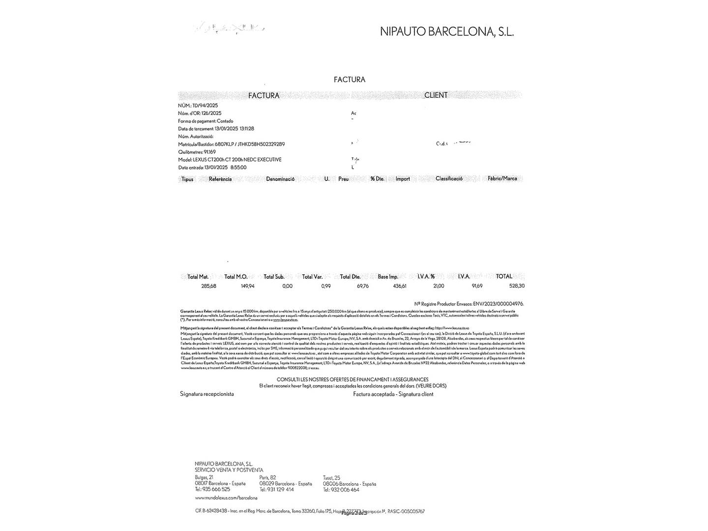 Foto del certificado del Lexus CT Lexus CT 200h Executive (136 CV)