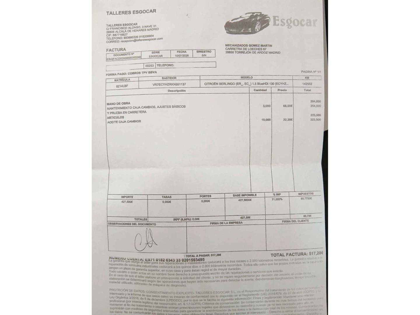 Foto del mantenimiento del Citroën Berlingo Citroën Berlingo BlueHDi 130 S&S Talla M Shine EAT8 (130 CV)