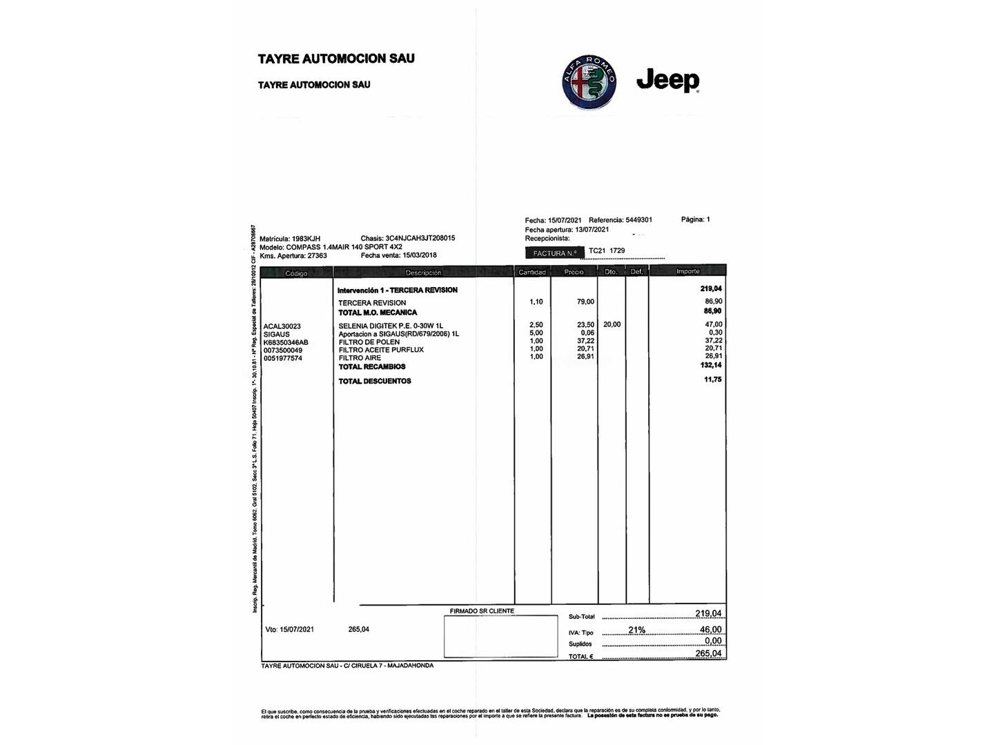 Foto del mantenimiento del Jeep Compass Jeep Compass 1.4 Multiair Sport 4x2 (140 CV)
