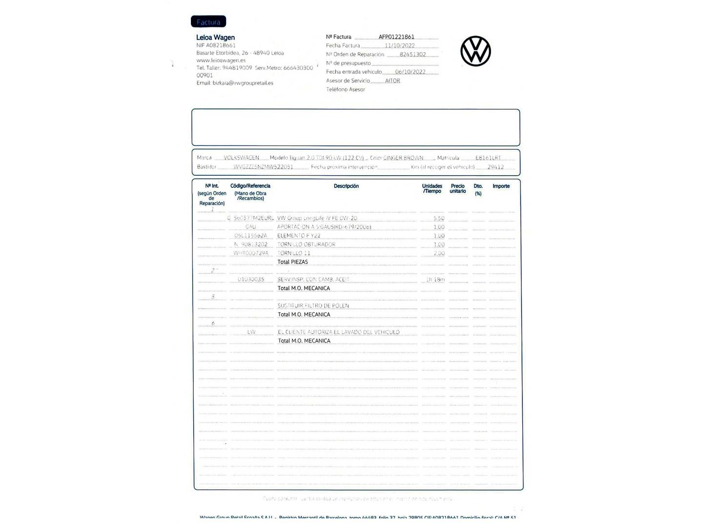 Foto del mantenimiento del Volkswagen Tiguan Volkswagen Tiguan 2.0 TDI (122 CV)