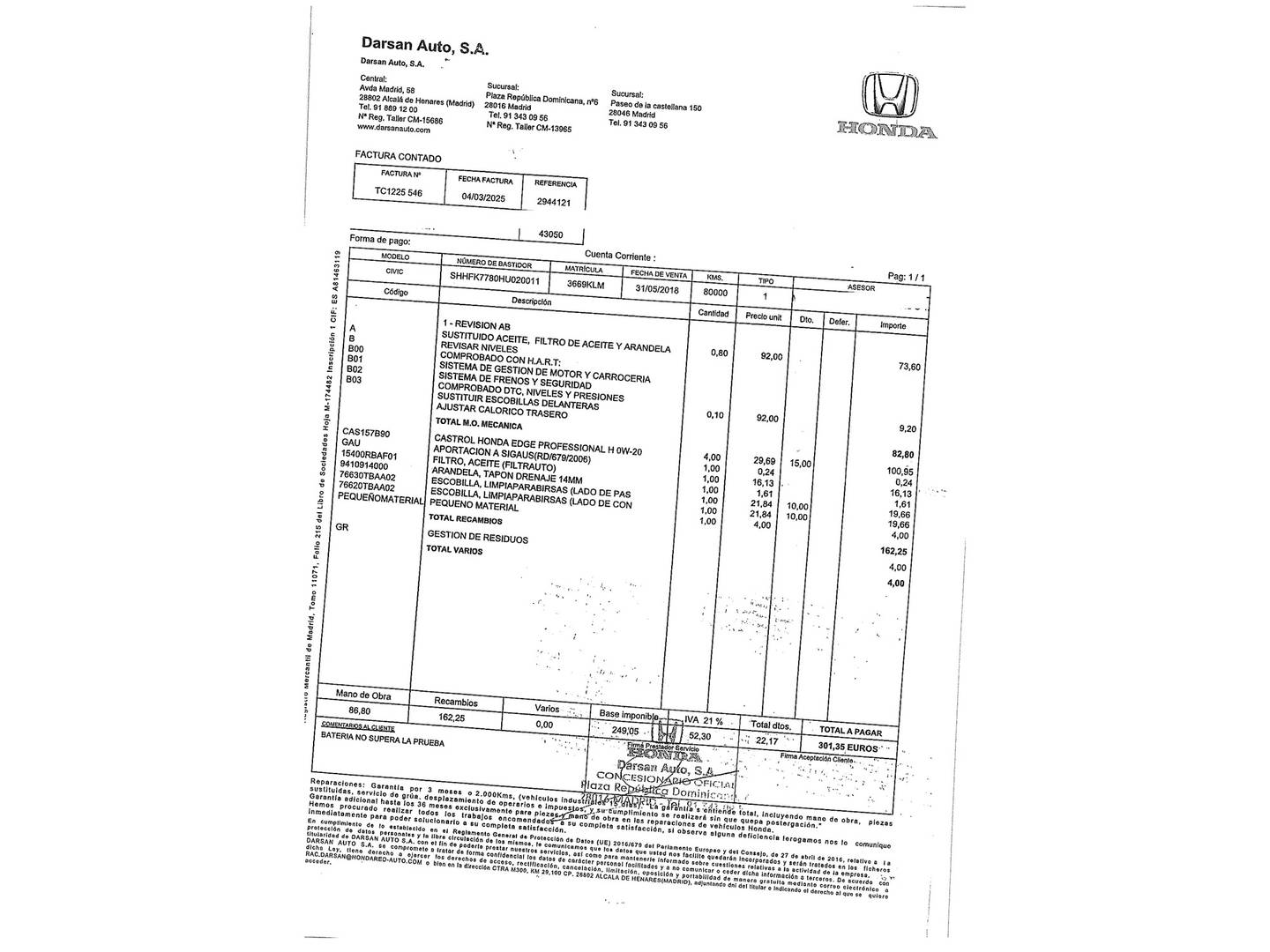 Foto del mantenimiento del Honda Civic Honda Civic 1.5 VTEC Turbo Sport Plus (182 CV)