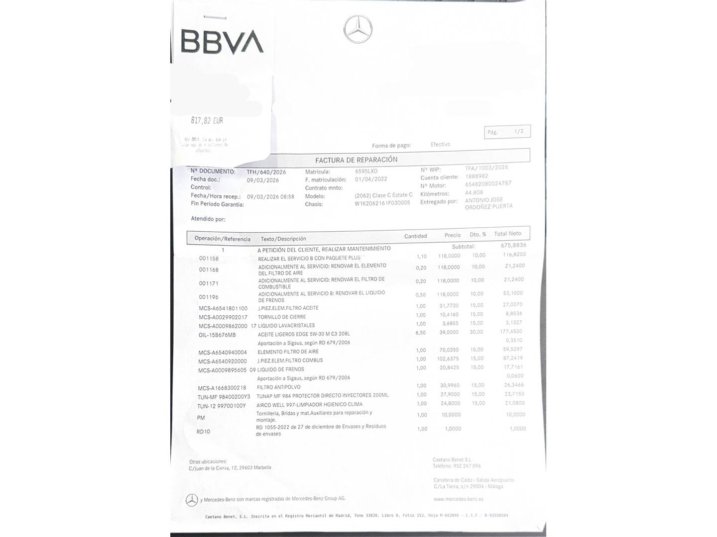 Foto del mantenimiento del Mercedes Clase C Mercedes Clase C C Estate 220 d (200 CV) Pack AMG