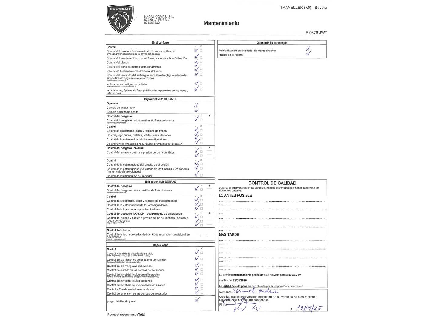 Foto del mantenimiento del Peugeot Traveller Peugeot Traveller 2.0 BlueHDi Business Standard (150 CV)9 Plazas