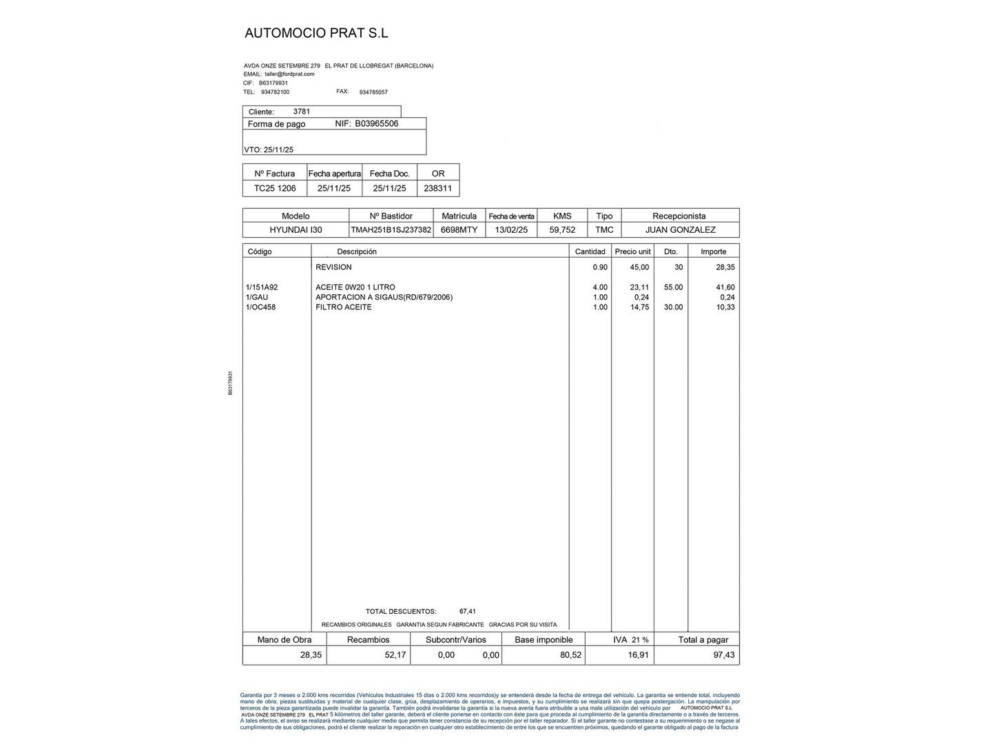 Foto del mantenimiento del Hyundai i30 Hyundai i30 1.0 TGDI 48V Klass DCT (100 CV)