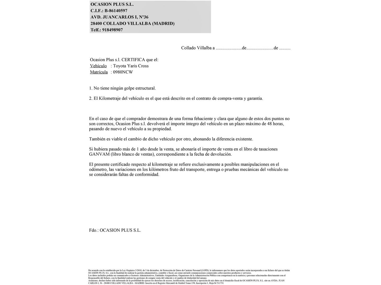 Foto del certificado del Toyota Yaris Cross Toyota Yaris Cross 130H Style (130 CV)