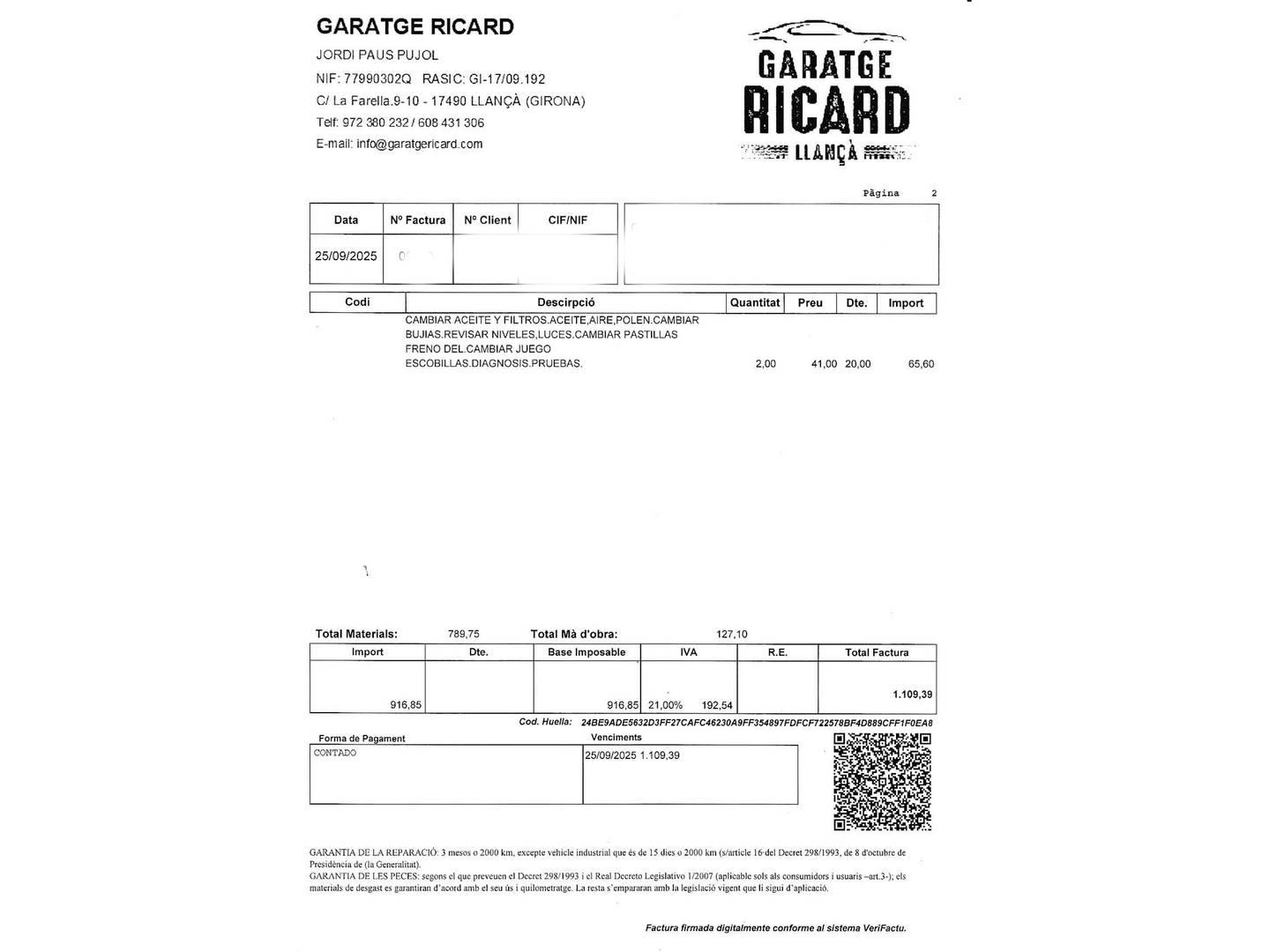 Foto del mantenimiento del Nissan Townstar Nissan Townstar 1.3G L1 Tekna  (130 CV)