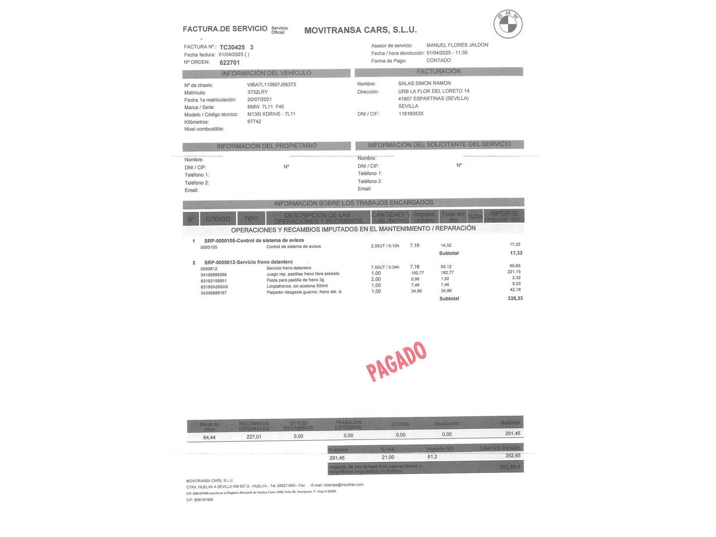 Foto del mantenimiento del BMW Serie 1 BMW Serie 1 M135i (306 CV)