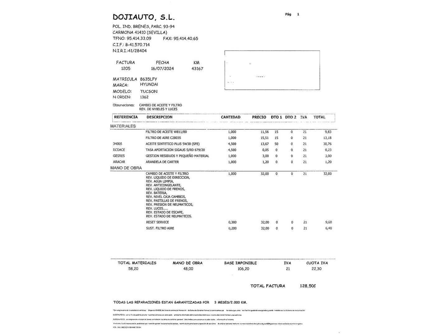 Foto del mantenimiento del Hyundai Tucson Hyundai Tucson 1.6 TGDI N-Line 4x2 (177 CV)
