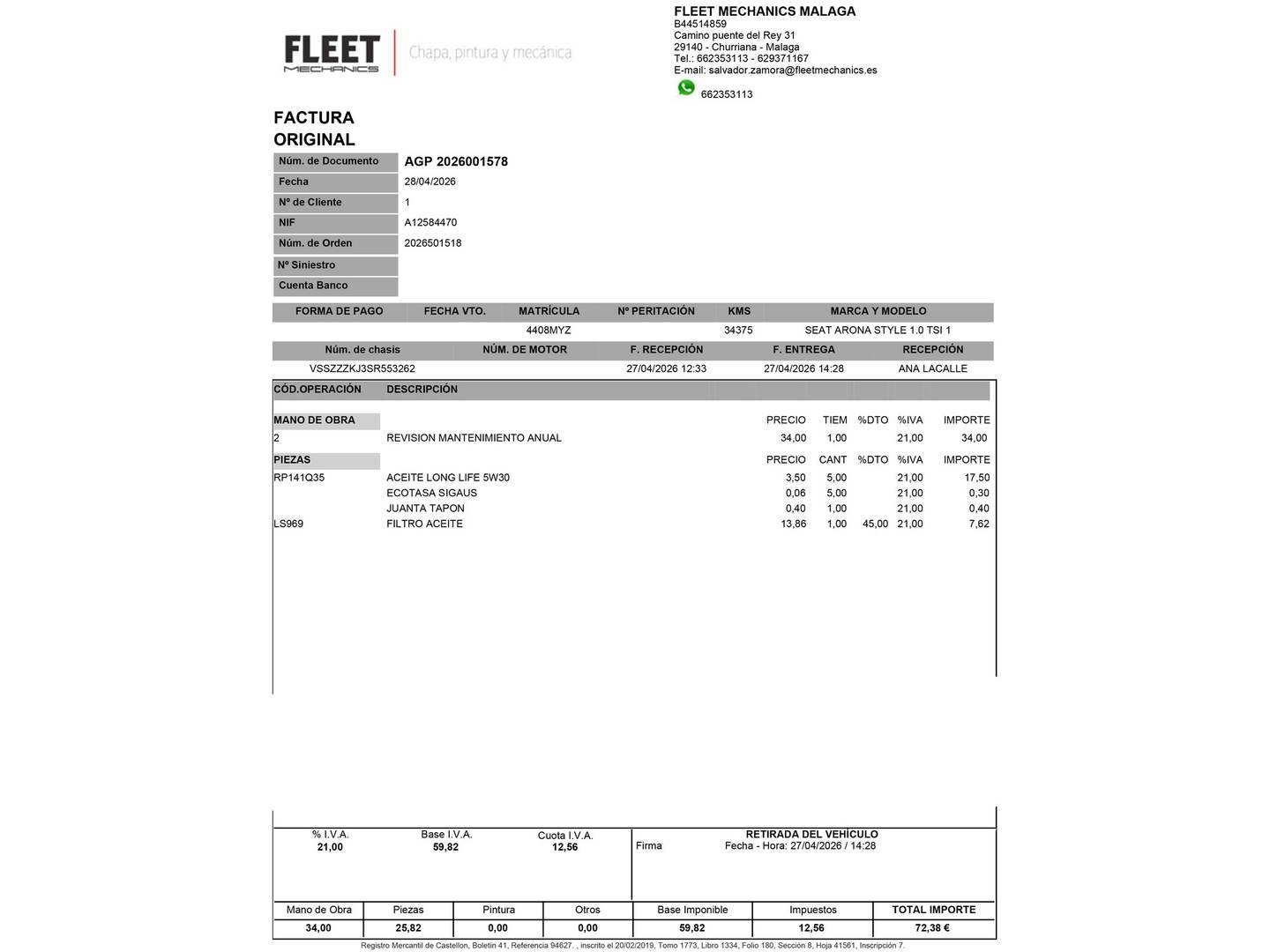 Foto del mantenimiento del Seat Arona Seat Arona 1.0 TSI Style XL DSG (115 CV)