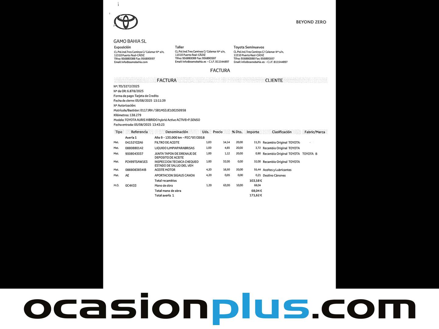 Foto del mantenimiento del Toyota Auris Toyota Auris 140H Hybrid Active (136 CV)