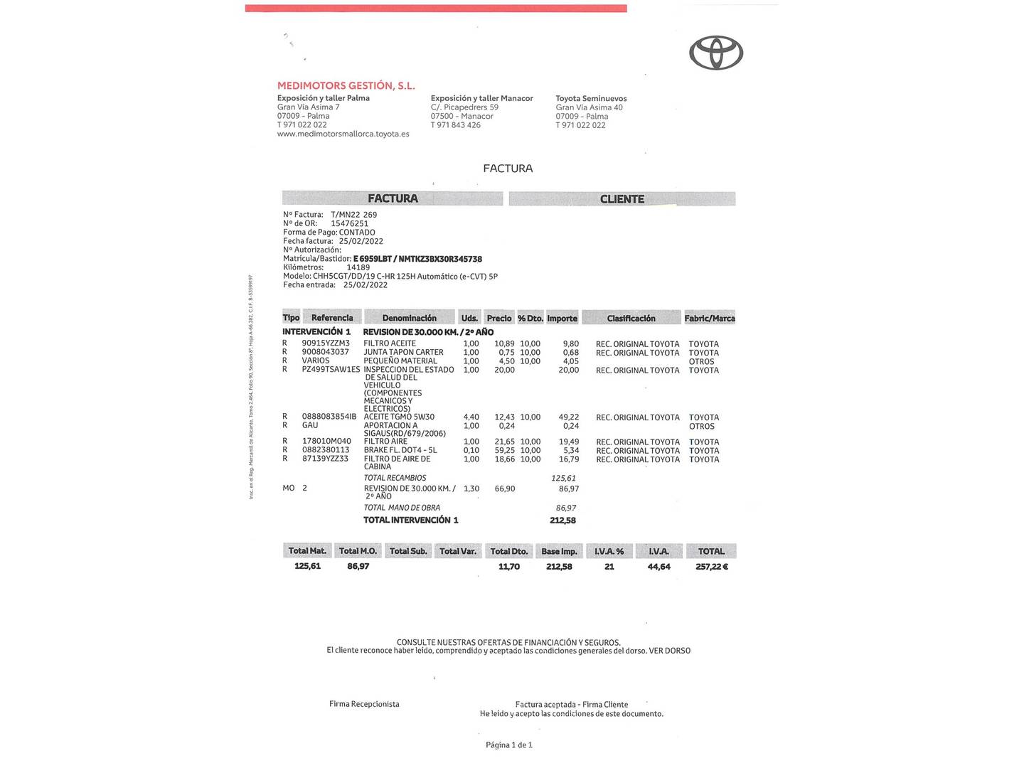 Foto del mantenimiento del Toyota C-HR Toyota C-HR 1.8 125H Advance (122 CV)