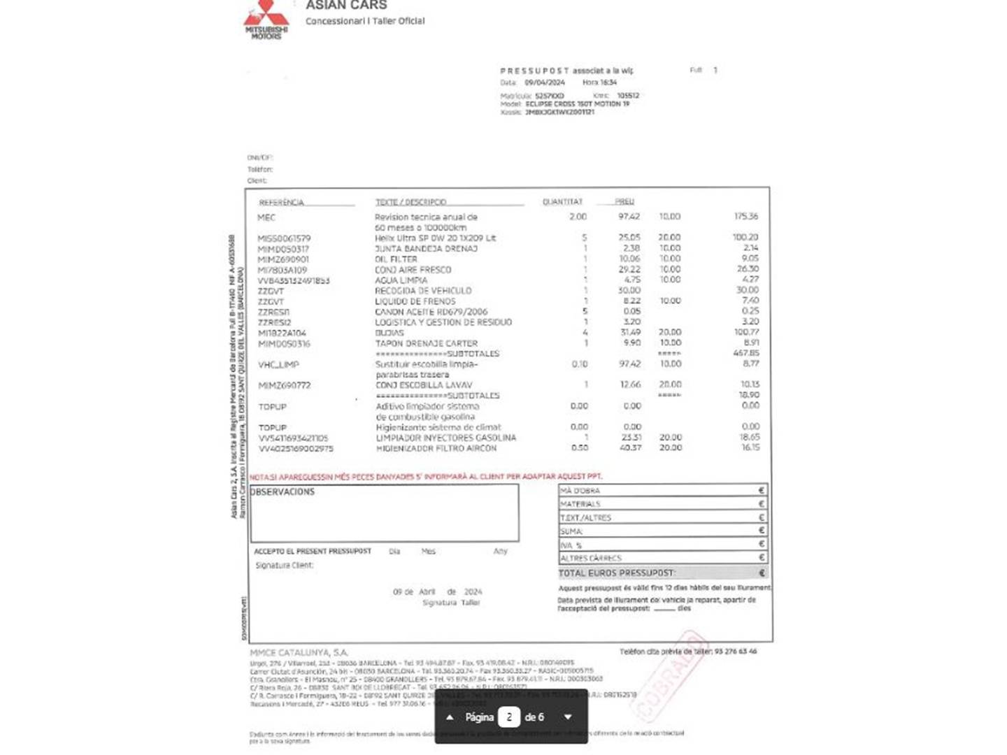 Foto del mantenimiento del Mitsubishi Eclipse Cross Mitsubishi Eclipse Cross 150T Motion (163 CV)