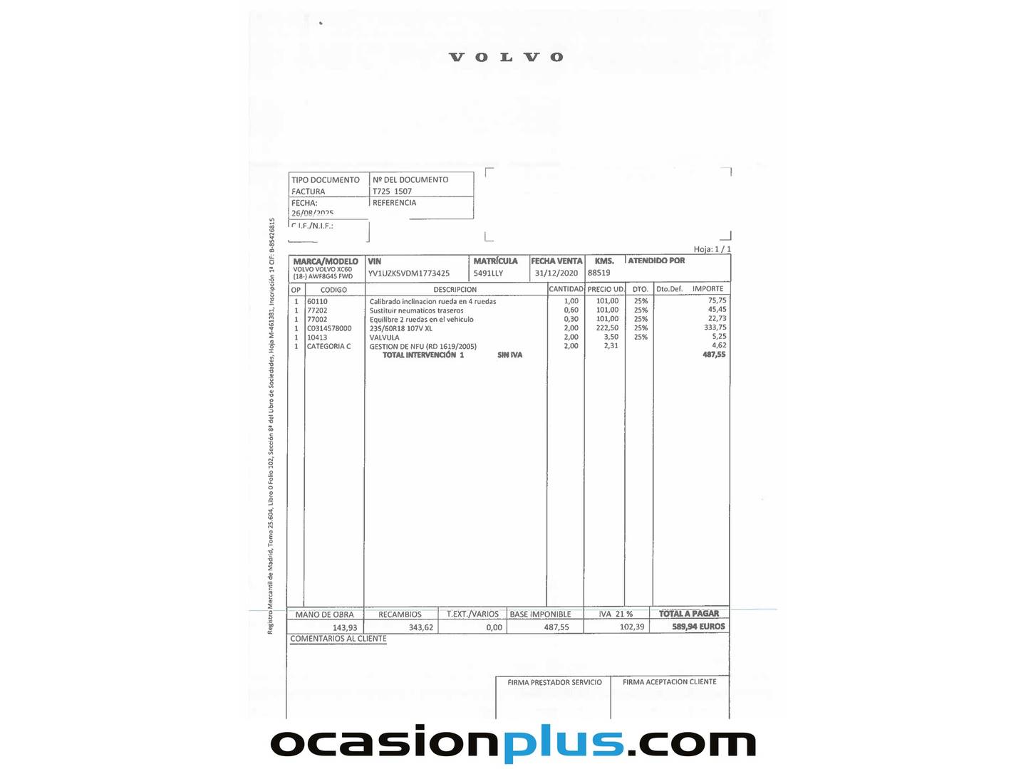 Foto del mantenimiento del Volvo XC60 Volvo XC60 D4 Business Plus Auto (190 CV)