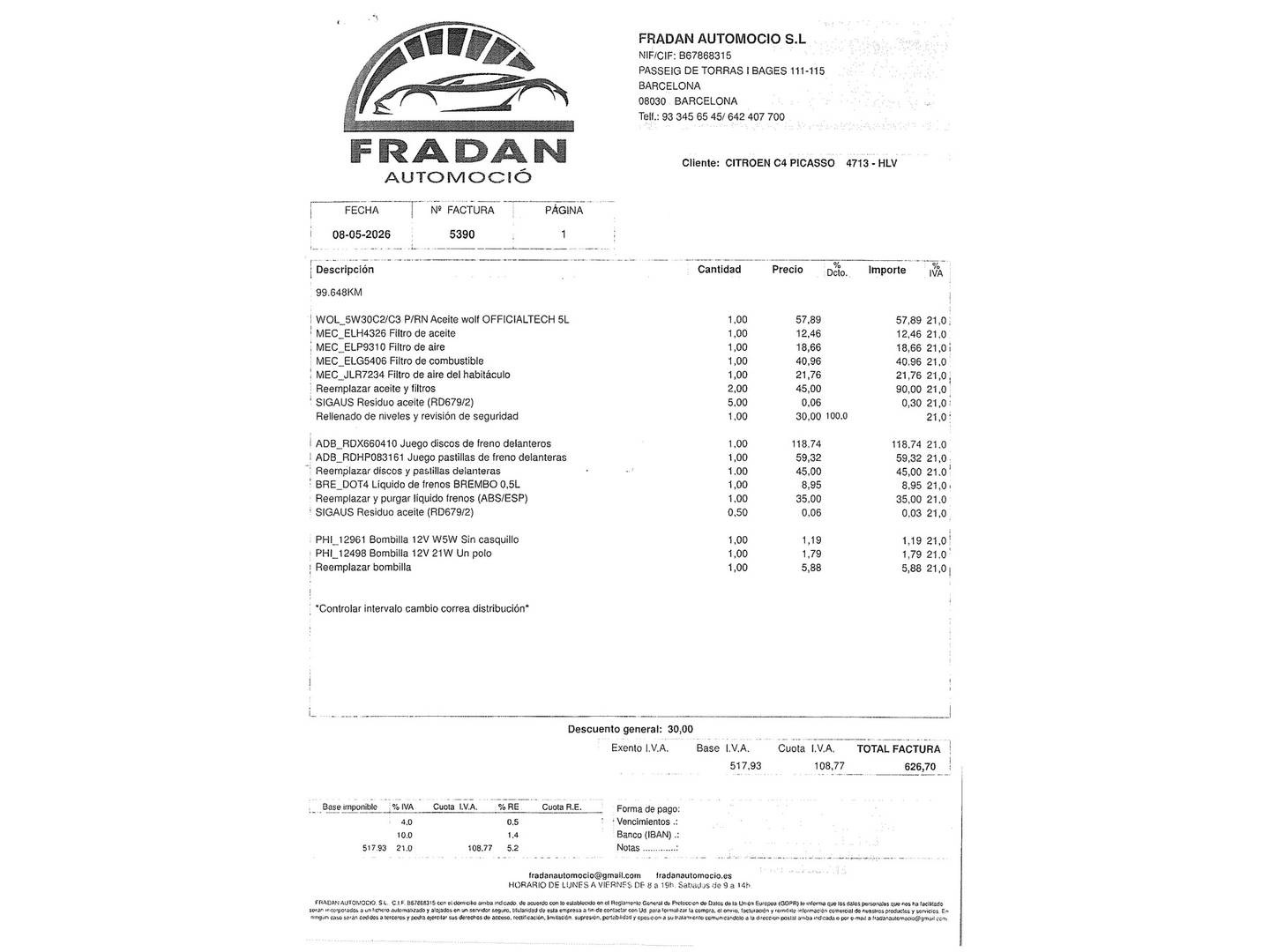 Foto del mantenimiento del Citroën Grand C4 Picasso Citroën Grand C4 Picasso 1.6 HDI Seduction (112 CV) 7 Plazas