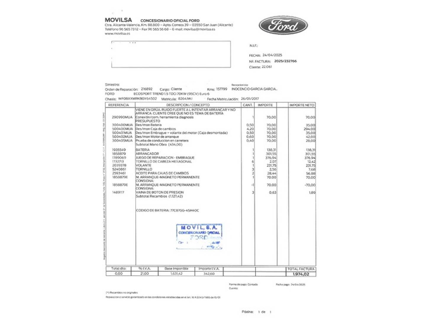 Foto del mantenimiento del Ford EcoSport Ford EcoSport 1.5 TDCi Titanium (95 CV)