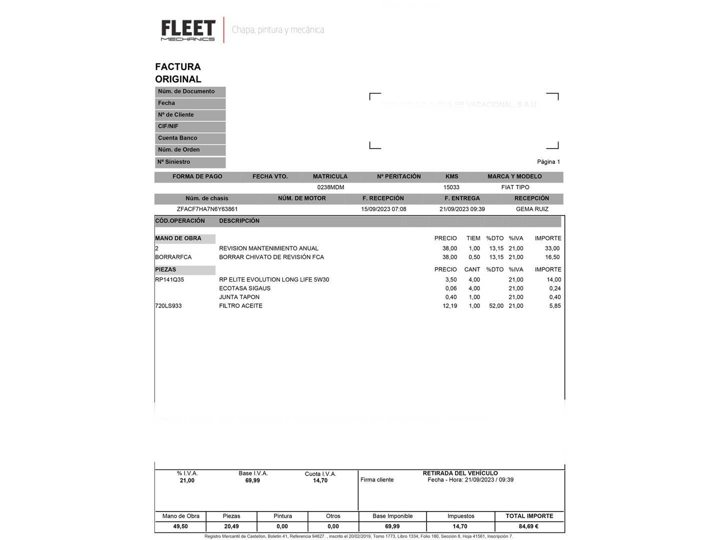 Foto del mantenimiento del Fiat Tipo Fiat Tipo 1.5 Hybrid Cross DCT (130 CV)