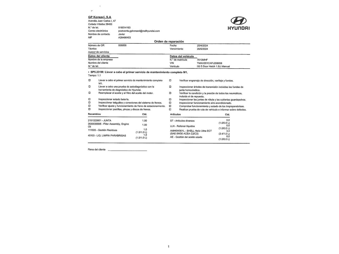 Foto del mantenimiento del Hyundai i30 Hyundai i30 1.5 DPI Klass SLX (110 CV)