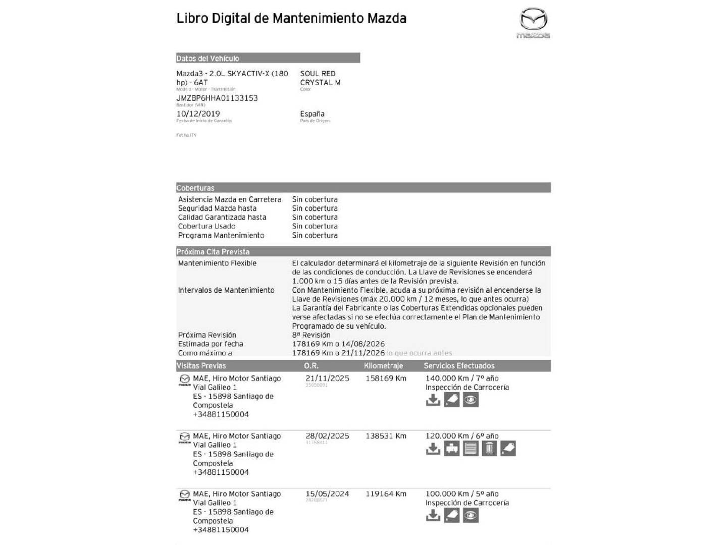 Foto del mantenimiento del Mazda Mazda3 Mazda Mazda 3 2.0 Skyactiv-X Zenith Safety Black AT (181 CV)