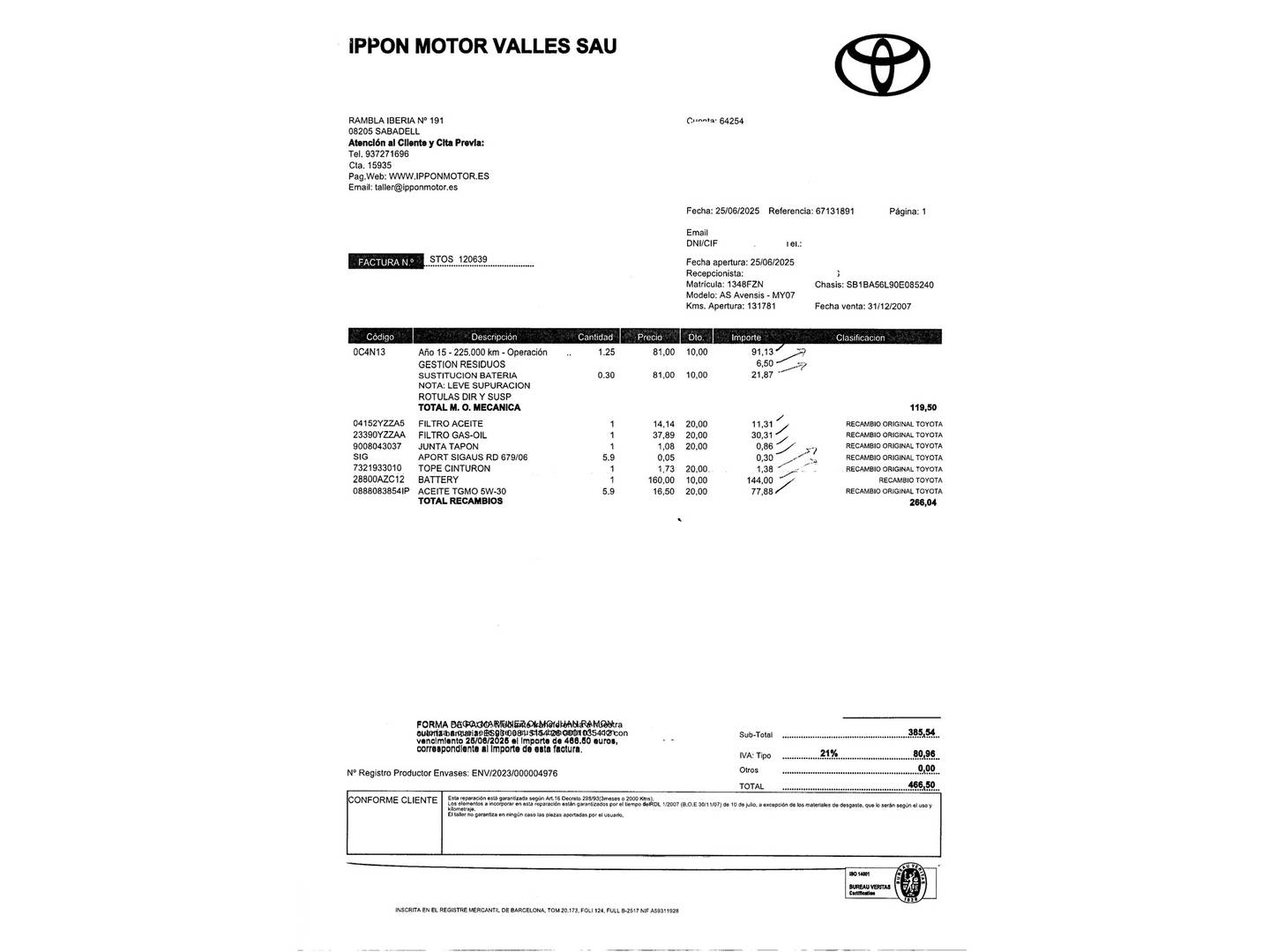 Foto del mantenimiento del Toyota Avensis Toyota Avensis 2.2 D-4D Executive (150 CV)