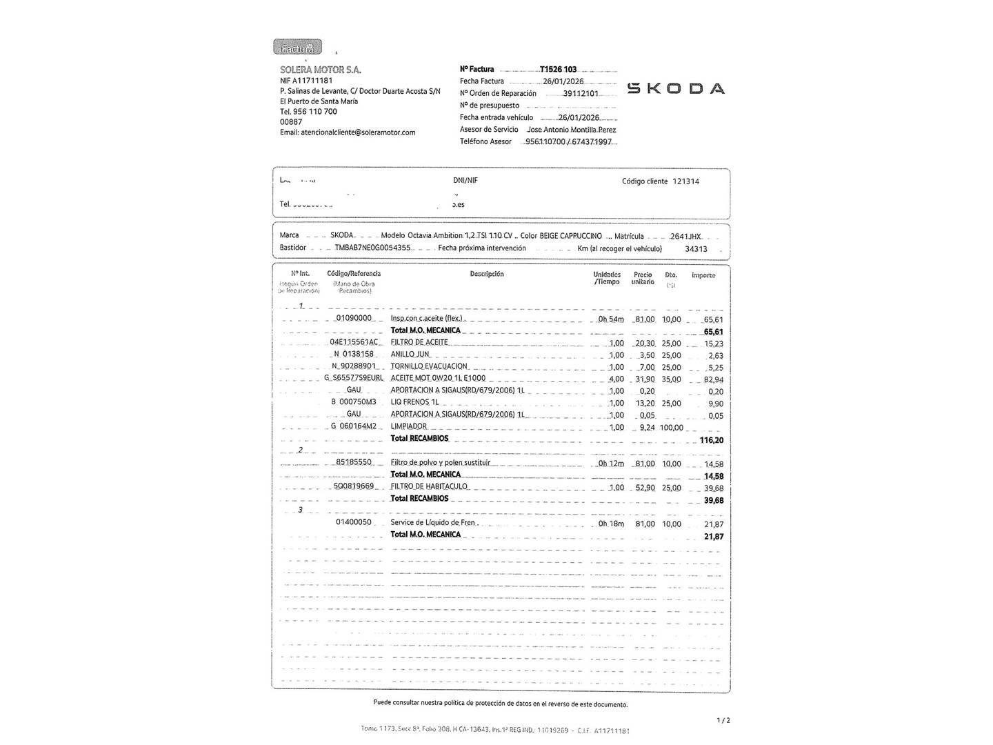 Foto del mantenimiento del Skoda Octavia Skoda Octavia 1.2 TSI 105cv Ambition DSG