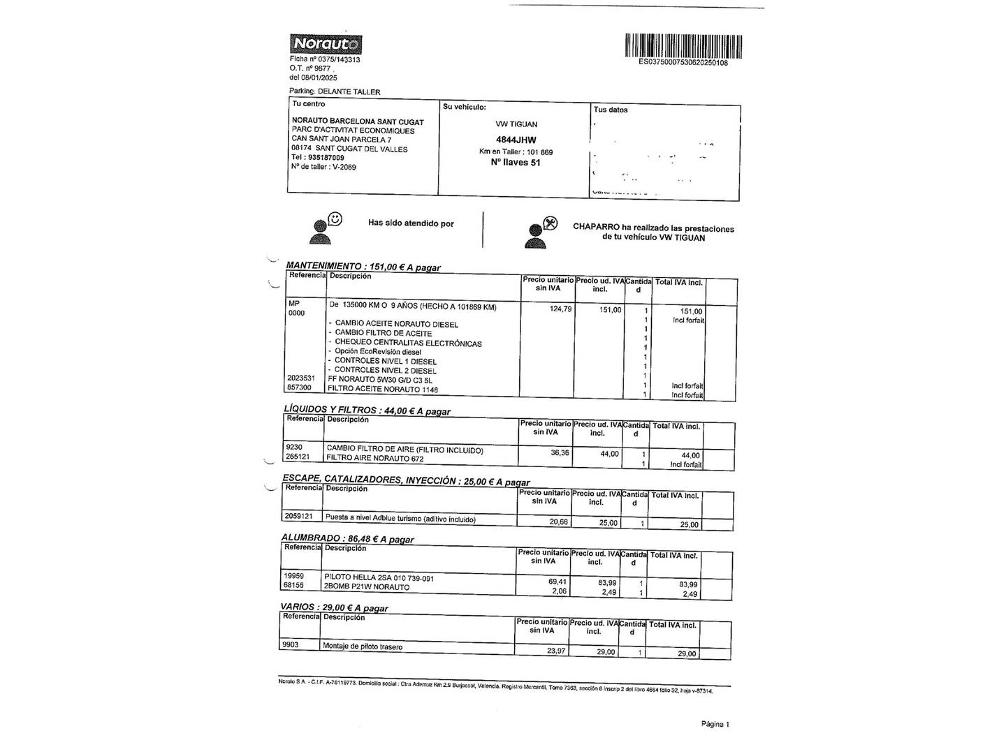 Foto del mantenimiento del Volkswagen Tiguan Volkswagen Tiguan T1 2.0 TDI BMT 4x2 (110 CV)