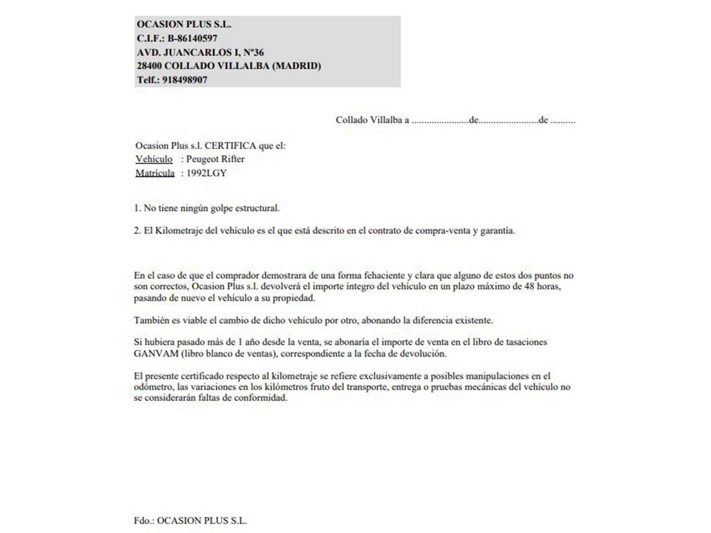 Foto del certificado del Peugeot Rifter Peugeot Rifter BlueHDi 130 Allure Standard EAT8 (130 CV)