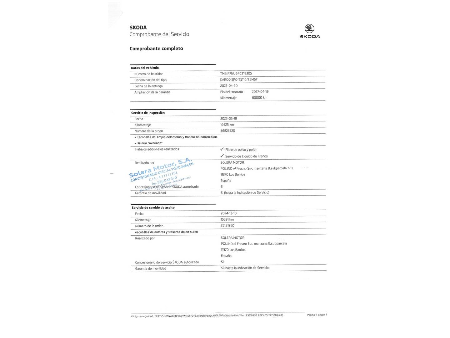 Foto del mantenimiento del Skoda Karoq Skoda Karoq 1.5 TSI ACT Sportline (150 CV)
