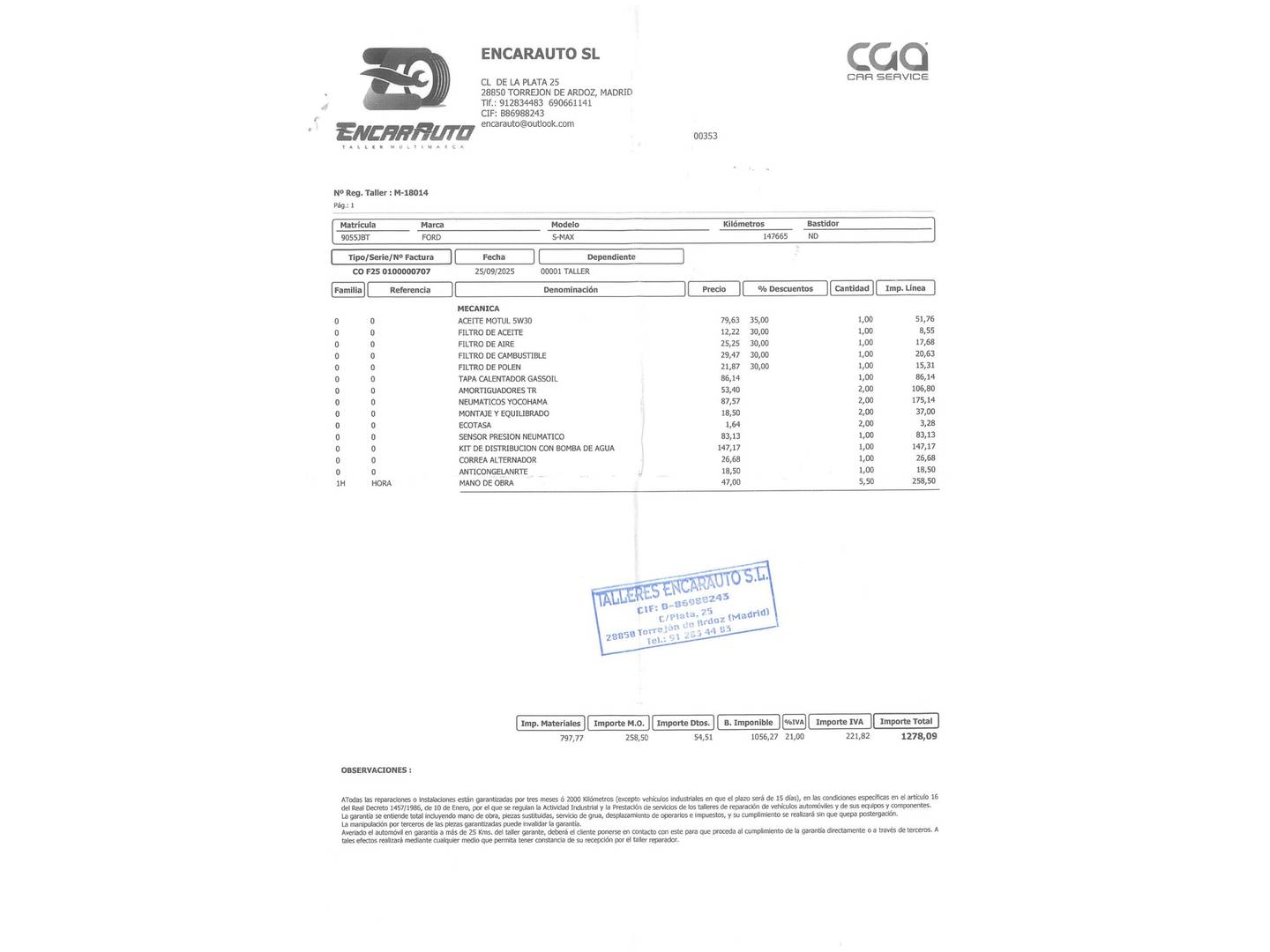 Foto del mantenimiento del Ford S-MAX Ford S-Max 2.0 TDCI Limited Edition (140 CV) 7 Plazas