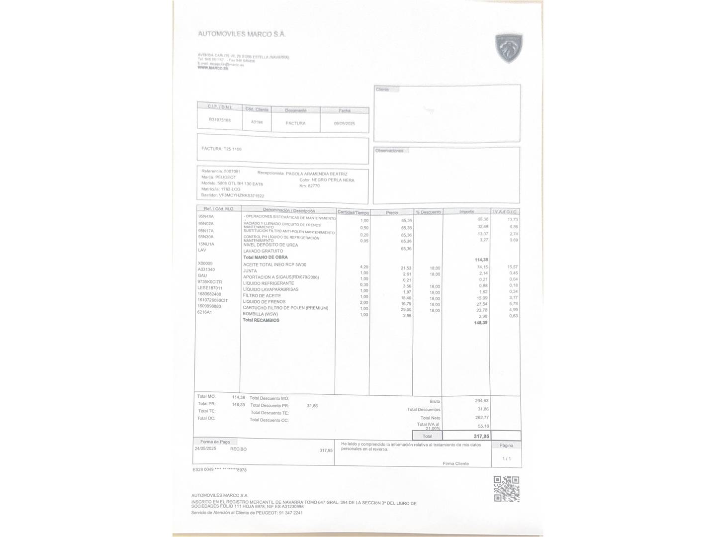 Foto del mantenimiento del Peugeot 5008 Peugeot 5008 BlueHDI 130 S&S GT Line EAT8 (130 CV) 7 Plazas