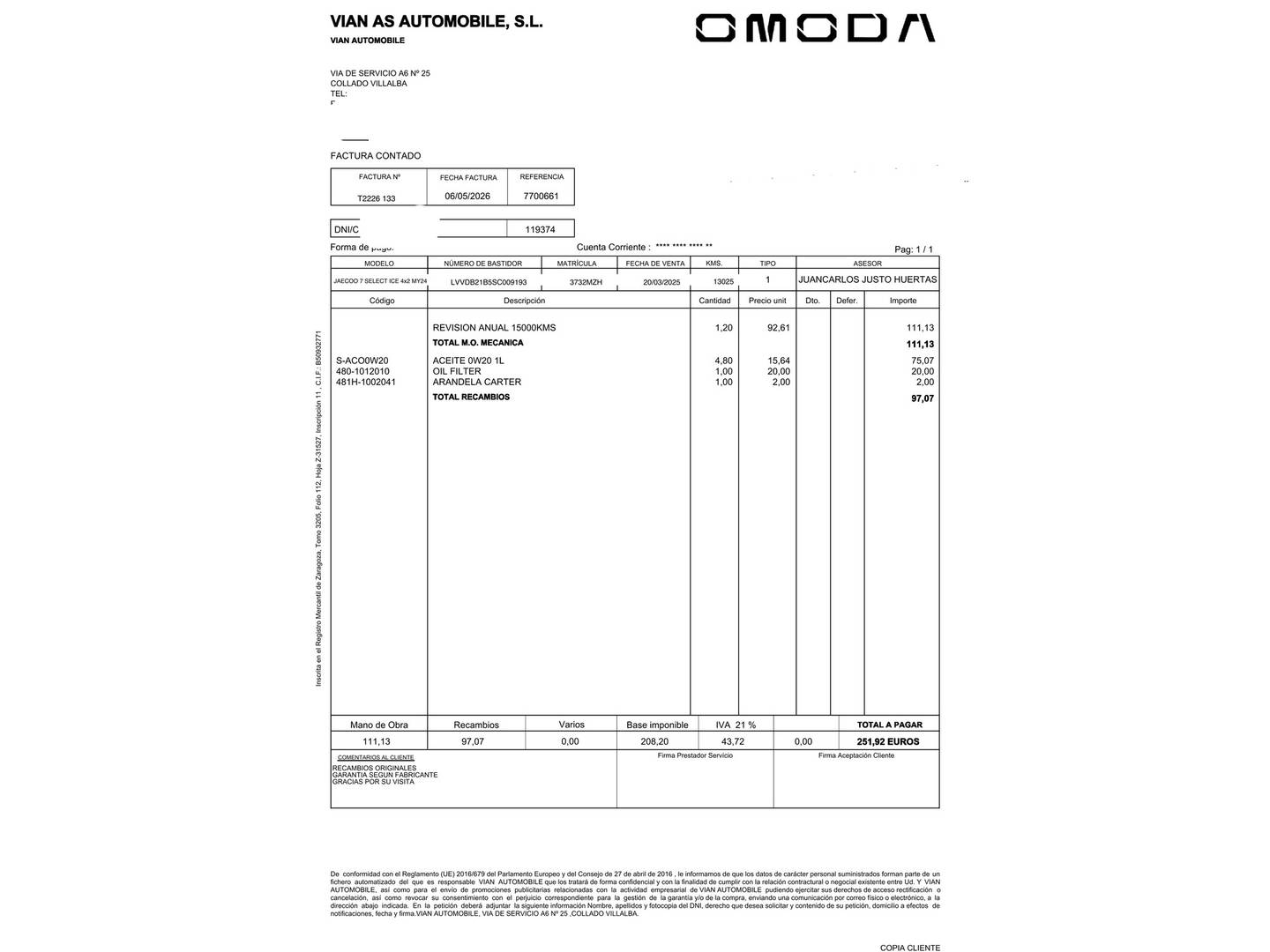 Foto del mantenimiento del JAECOO 7 JAECOO 7 1.6 TGDI Select FWD  (145 CV)