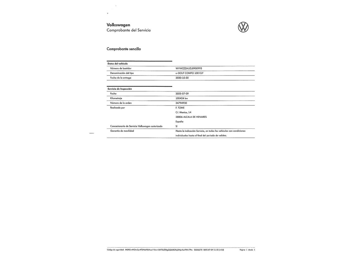 Foto del mantenimiento del Volkswagen Golf Volkswagen e-Golf ePower (136 CV)