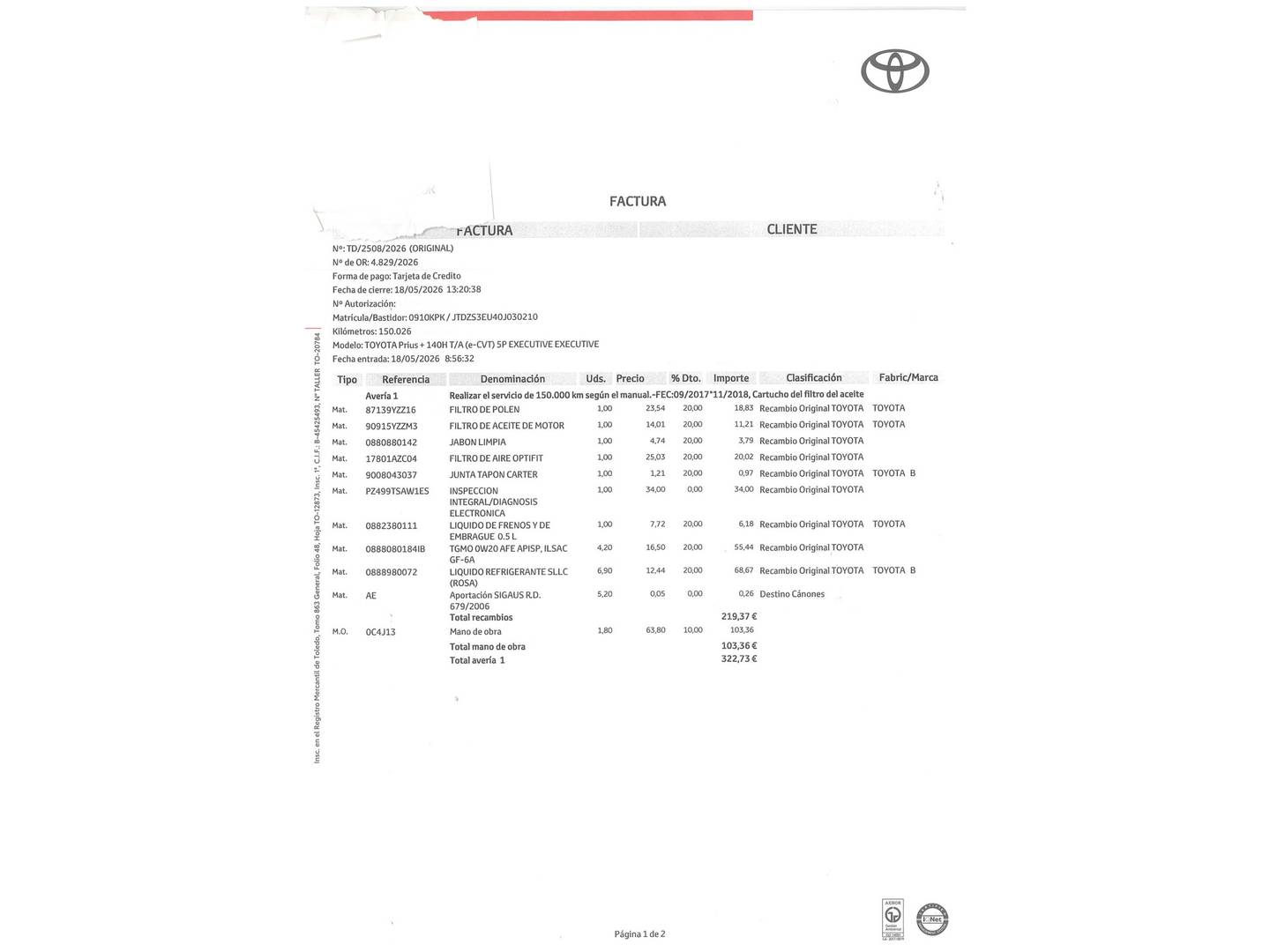 Foto del mantenimiento del Toyota Prius+ Toyota Prius+ 1.8 Executive (136 CV) 7 Plazas