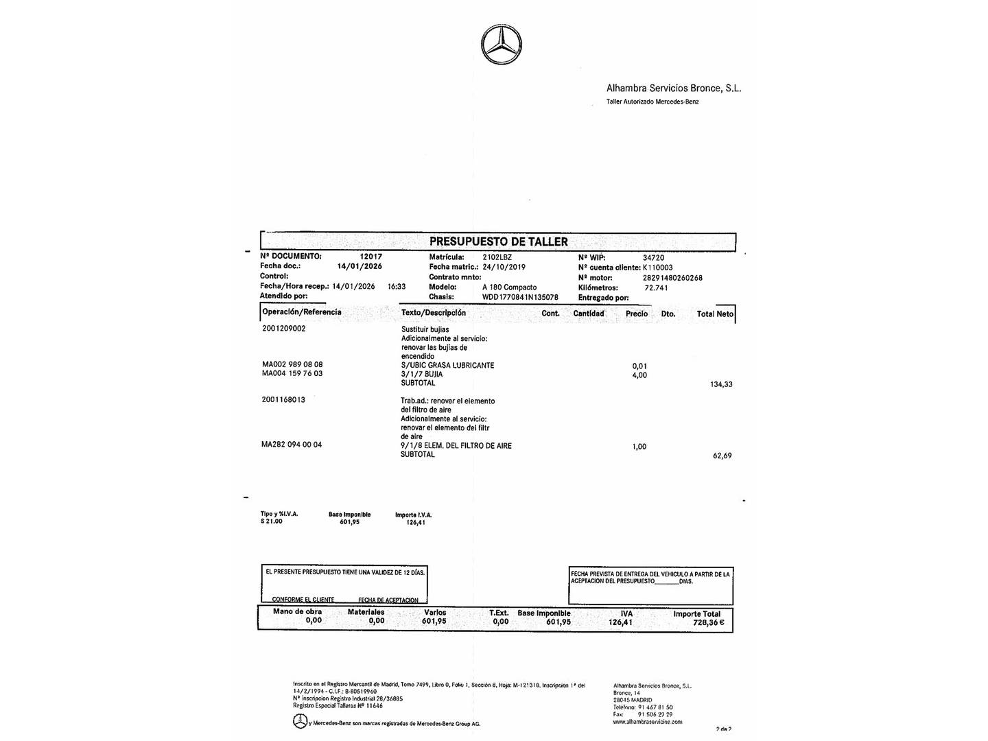 Foto del mantenimiento del Mercedes Clase A Mercedes Clase A 180 (136 CV) Pack AMG