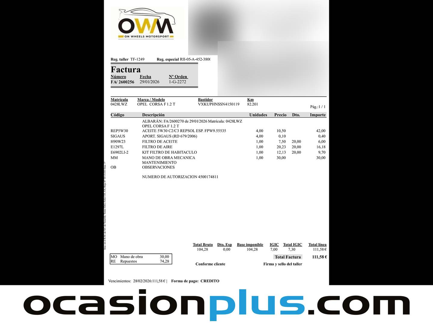 Foto del mantenimiento del Opel Corsa Opel Corsa 1.2 Turbo XHT GS-Line Auto (130 CV)