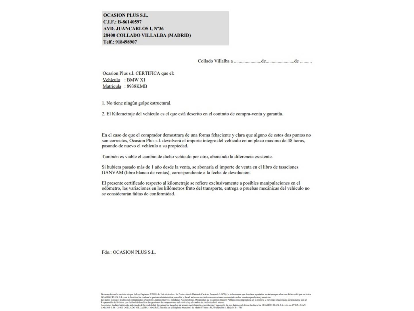Foto del certificado del BMW X1 BMW X1 sDrive18d (150 CV)