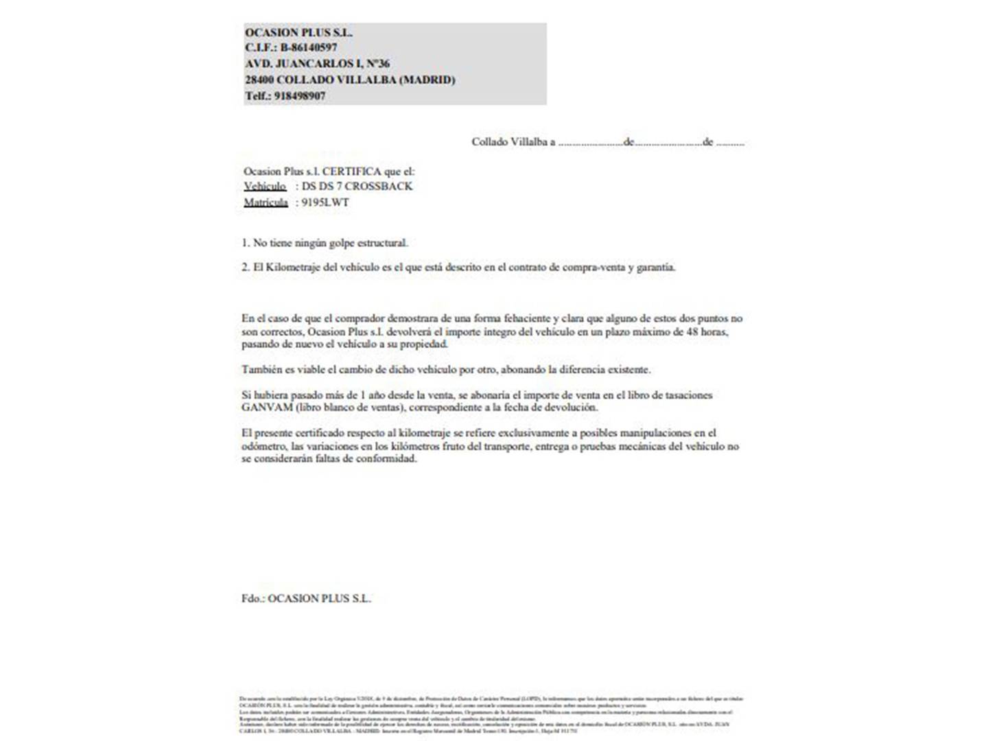 Foto del certificado del DS DS 7 Crossback DS DS7 Crossback BlueHDi 130 DE Bastille + AT (130 CV)