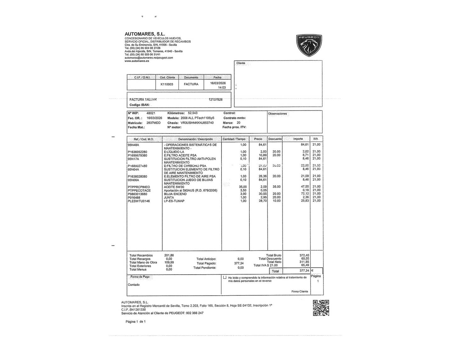 Foto del mantenimiento del Peugeot 2008 Peugeot 2008 PureTech 100 S&S Allure (100 CV)