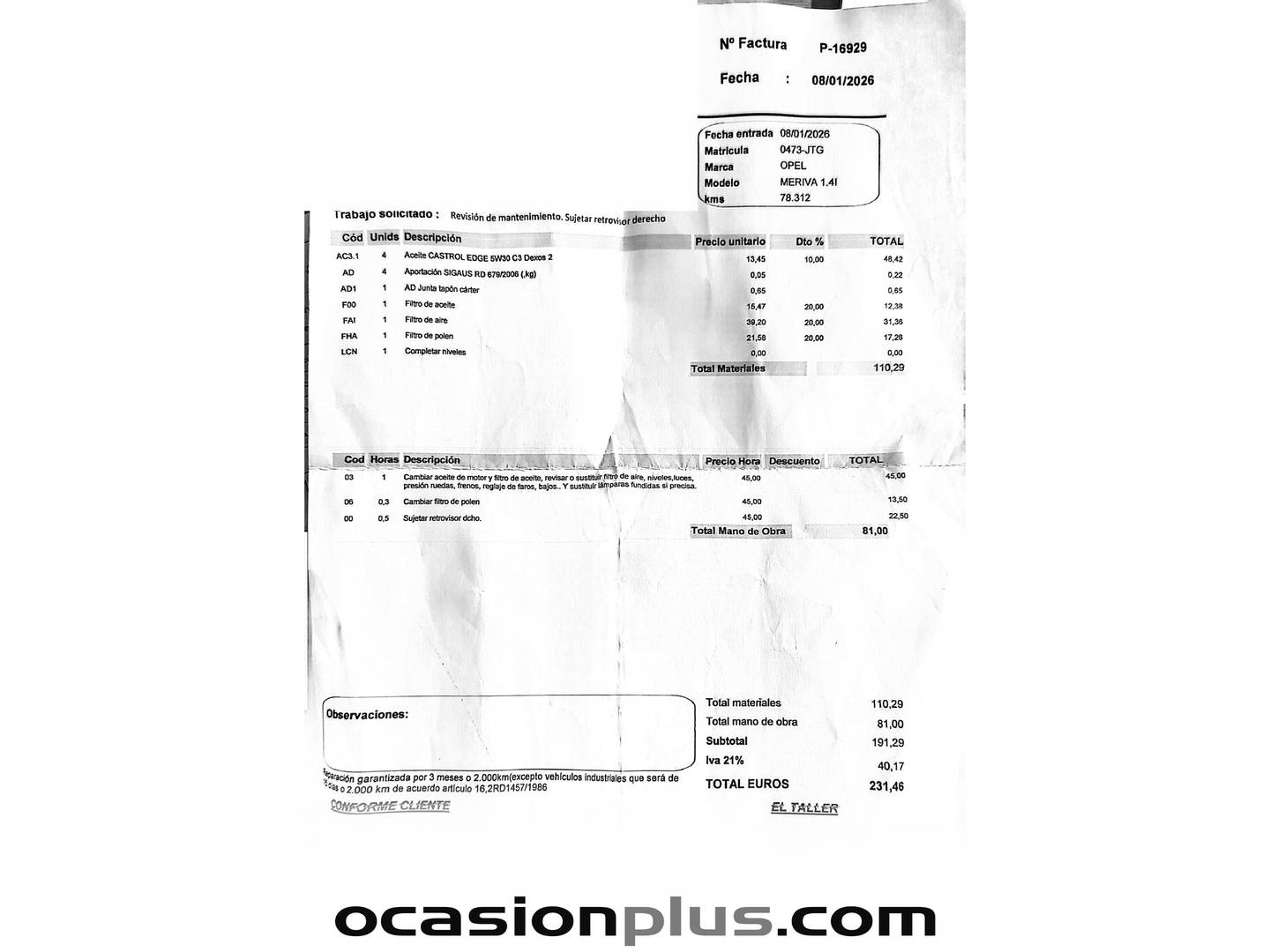 Foto del mantenimiento del Opel Meriva Opel Meriva 1.4 NET Excellence (140 CV)