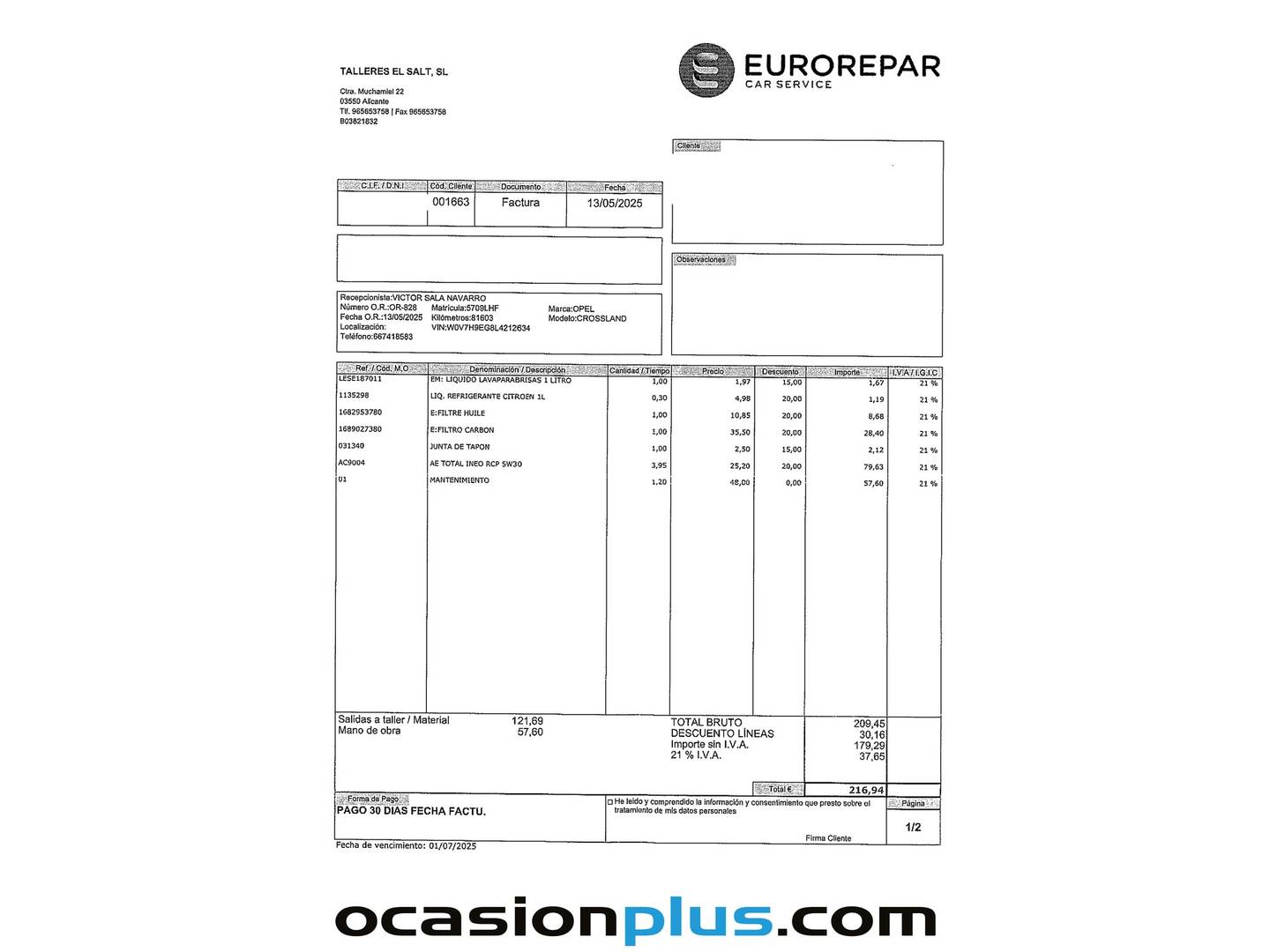 Foto del mantenimiento del Opel Crossland X Opel Crossland X 1.5 D Innovation (102 CV)