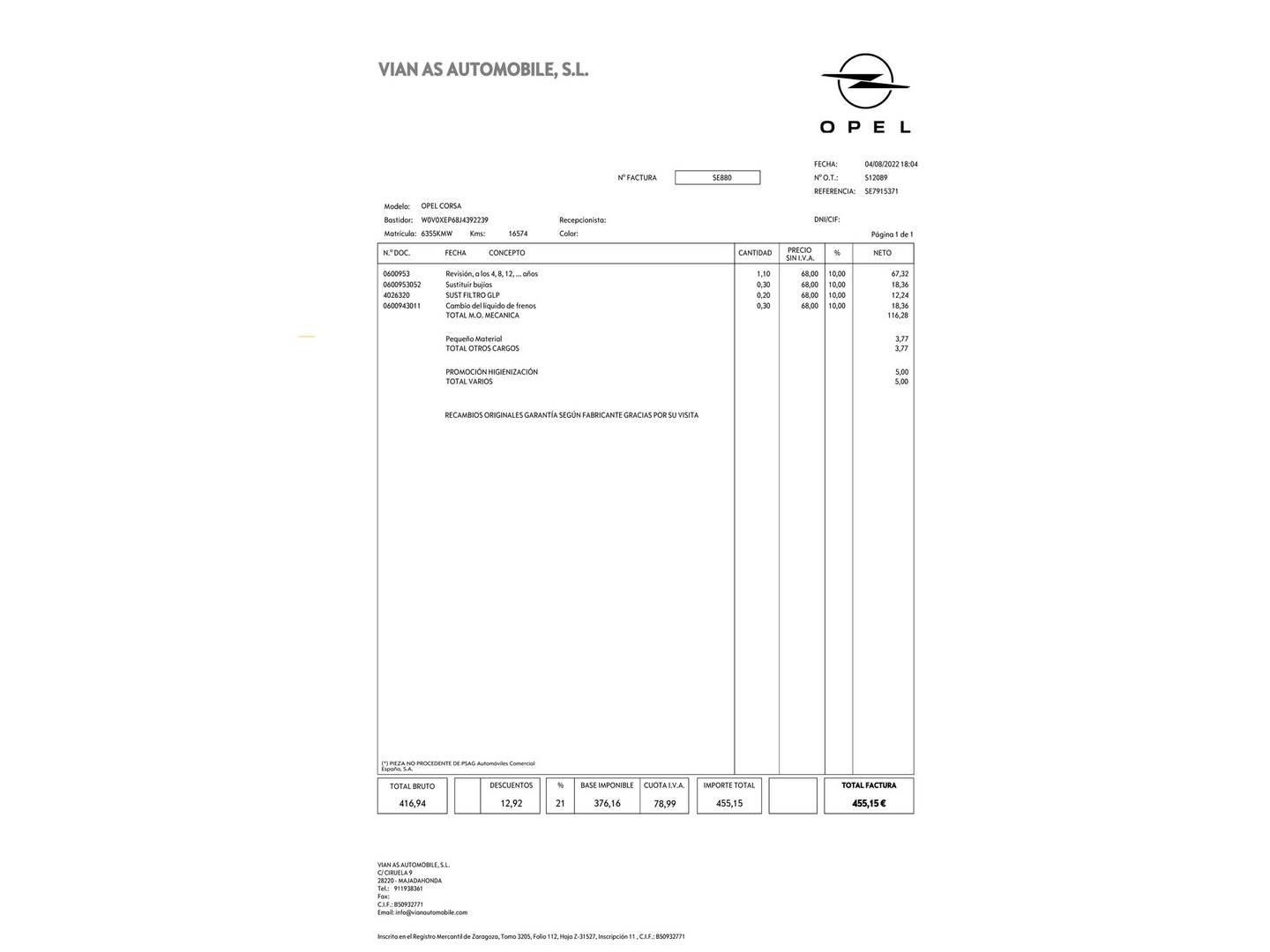 Foto del mantenimiento del Opel Corsa Opel Corsa 1.4 GLP Selective (90 CV)